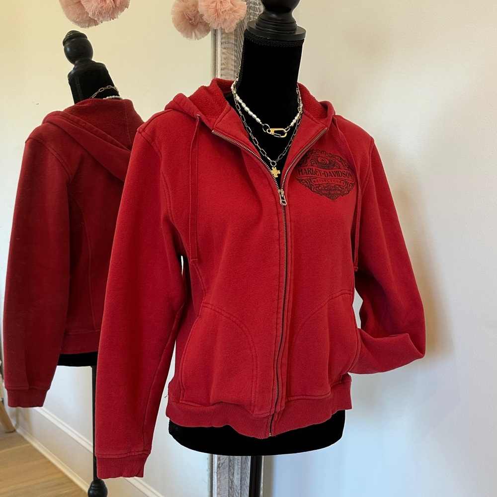 Harley-Davidson Crimson Red Zip Hoodie with Chest and Back Emblem